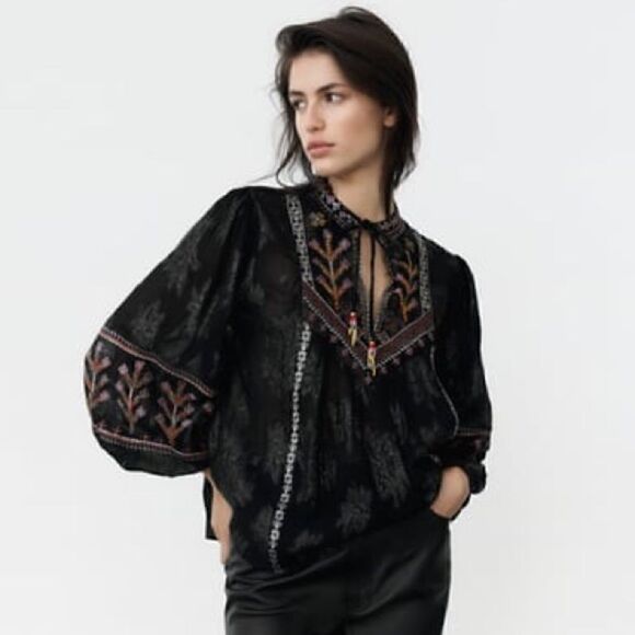ZARA EMBROIDERED JACQUARD BLOUSE - Picture 5 of 9
